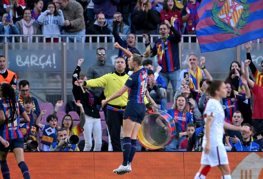 Barcelona's Swedish left-back Fridolina Rolfo celebrates scoring her team's first goal against Roma at Camp Nou