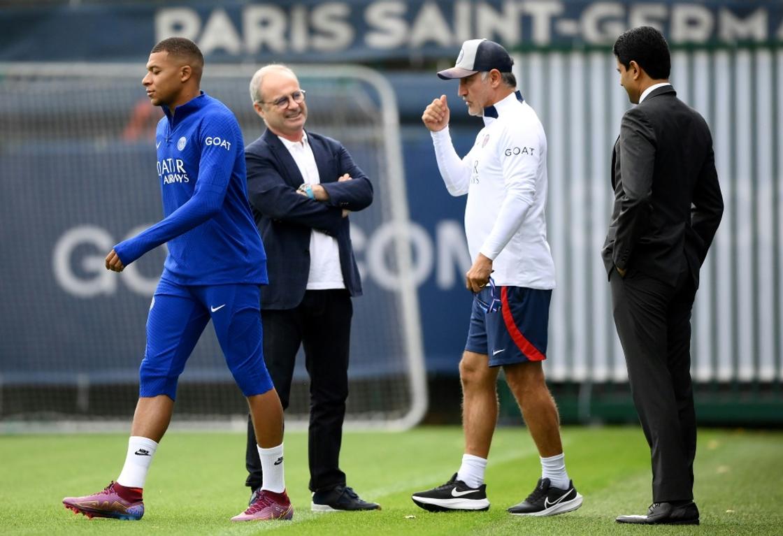 Kylian Mbappe at training on Monday, with Luis Campos, Christophe Galtier and PSG president Nasser al-Khelaifi