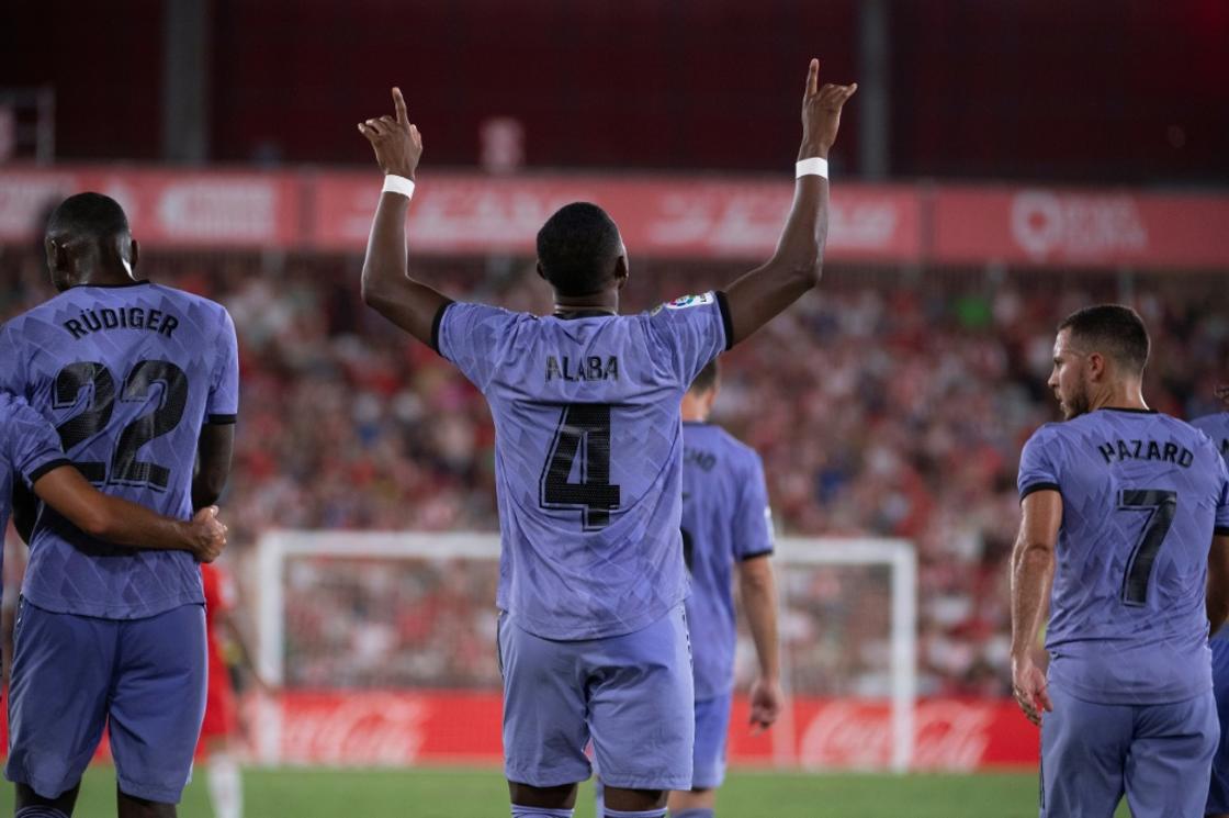 David Alaba celebrates after scoring what proved to be Real Madrid's winning goal at Almeria on Sunday