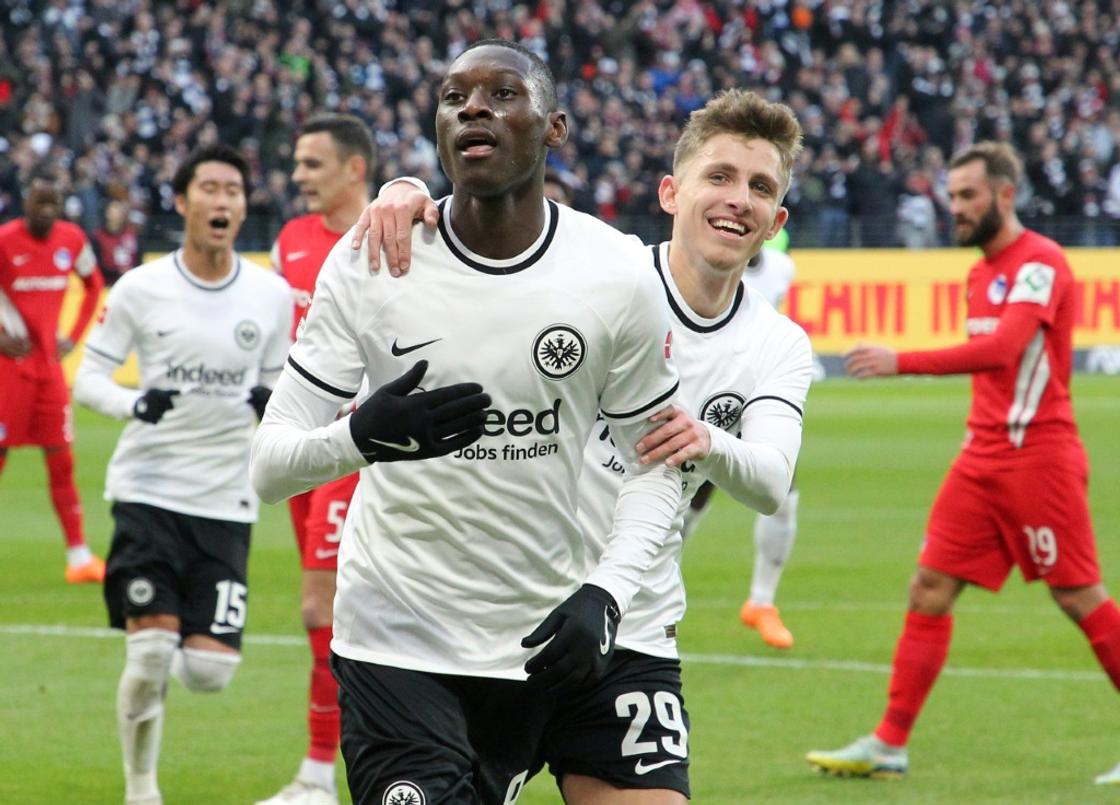 Randal Kolo Muani celebrates scoring against Hertha Berlin on Saturday