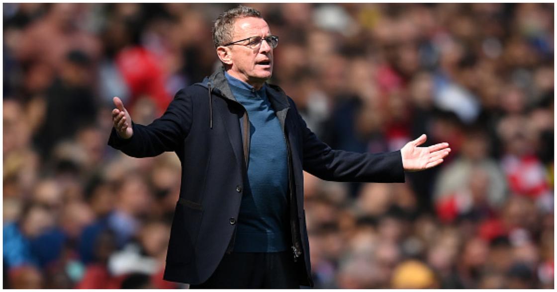 Ralf Rangnick of Manchester United watches from the touchline during the Premier League match between Arsenal and Manchester United at Emirates Stadium. Photo by Manchester United.
