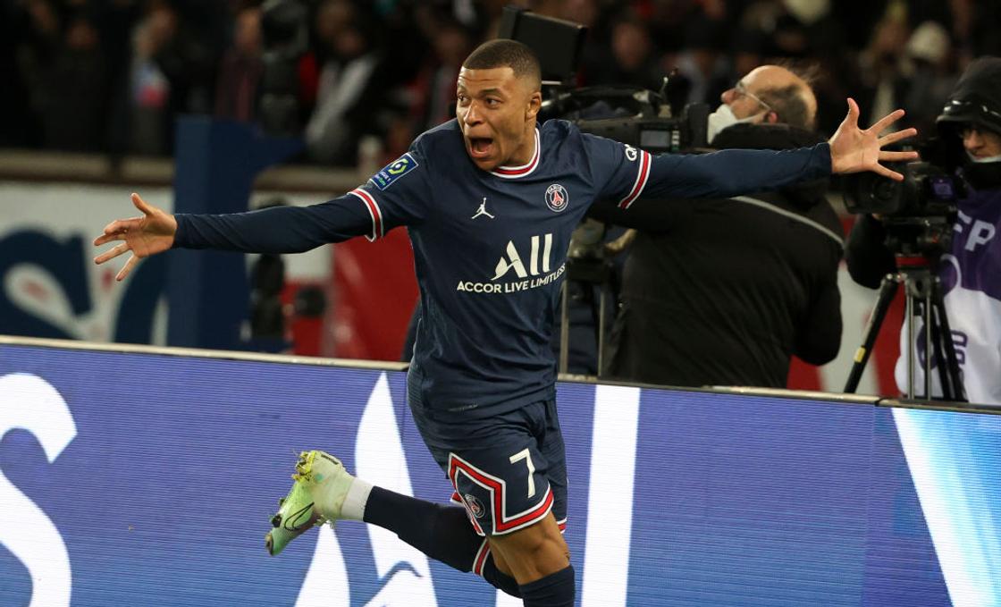 Kylian Mbappe celebrating a goal in a Ligue 1 match