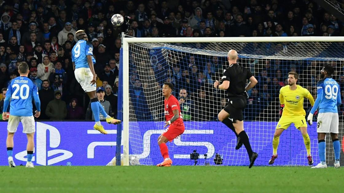 Victor Osimhen leaps to head in Napoli's opening goal