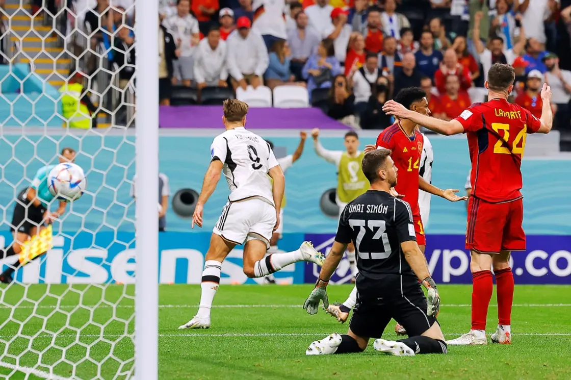 Joshua Kimmich of Germany and Jordi Alba of Spain during the FIFA World Cup  Qatar 2022 match, Group E, between Spain and Germany played at Al Bayt  Stadium on Nov 27, 2022