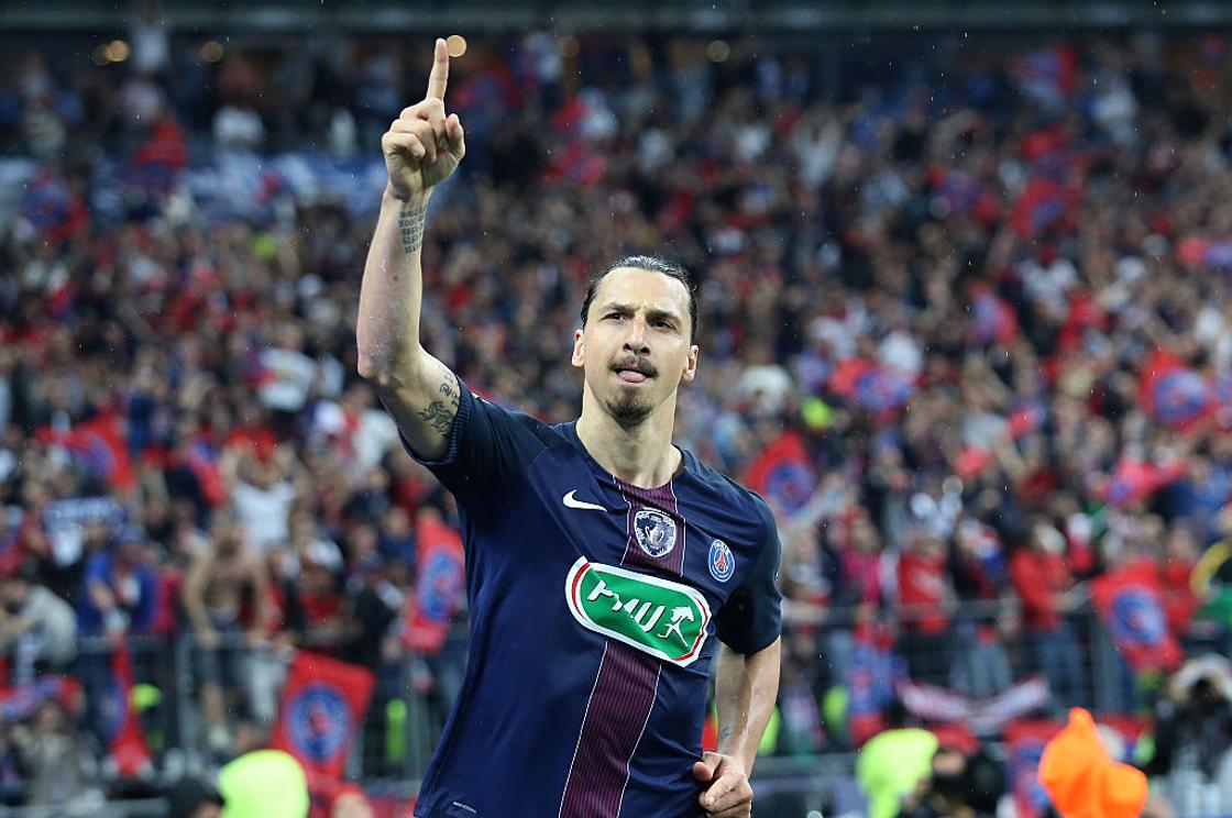 Zlatan Ibrahimovic celebrates a goal in the French Cup final match against Olympique de Marseille