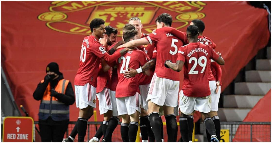 Man United players celebrating a goal last season at Old Trafford. Photo: Getty Images.