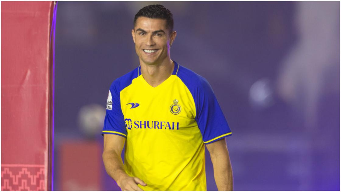 Cristiano Ronaldo greets the crowd during his official unveiling as an Al Nassr player at Mrsool Park Stadium. Photo by Yasser Bakhsh.