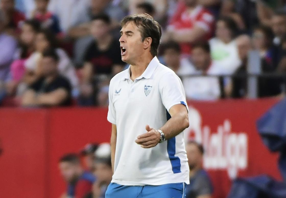 Sevilla's Spanish coach Julen Lopetegui reacts on the side of the pitch during the clash with Atletico Madrid.