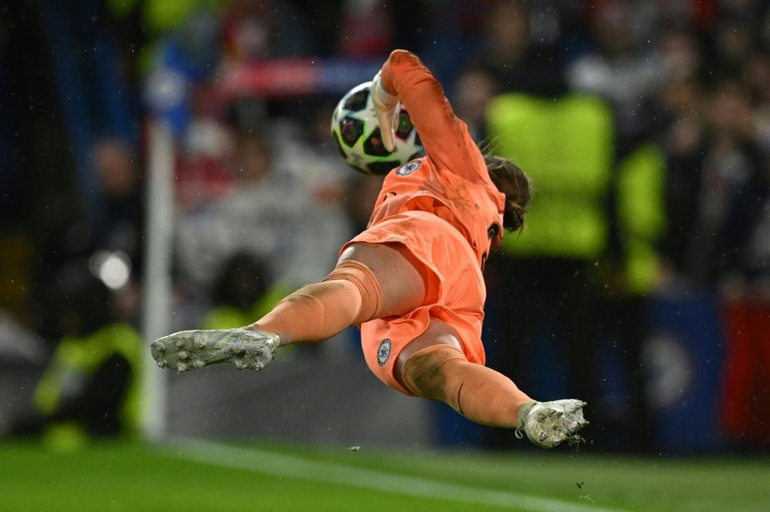 Key stop - Chelsea goalkeeper Ann-Katrin Berger saves in a shoot-out from Lyon's Lindsey Horan as Chelsea knock the holders out 4-3 on penalties in a women's Champions League quarter-final at Stamford Bridge