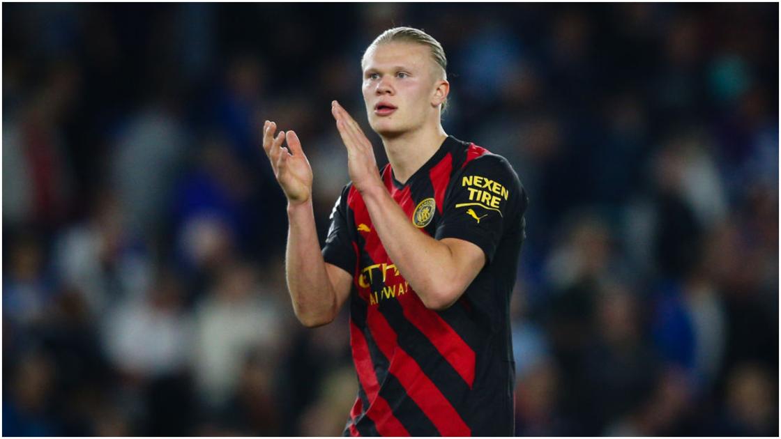 Erling Haaland applauds the fans after the Premier League match between Brighton & Hove Albion and Manchester City at American Express Community Stadium. Photo by Craig Mercer.