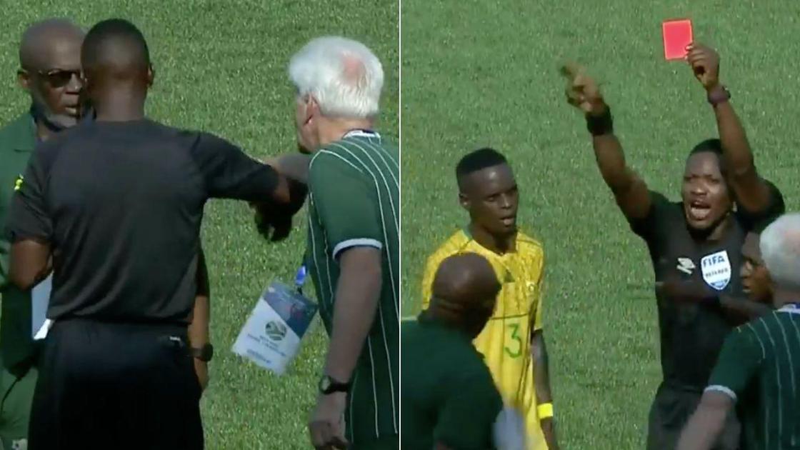 Video shows Bafana Bafana manager Vincent Tseka shown red card for swearing at linesman