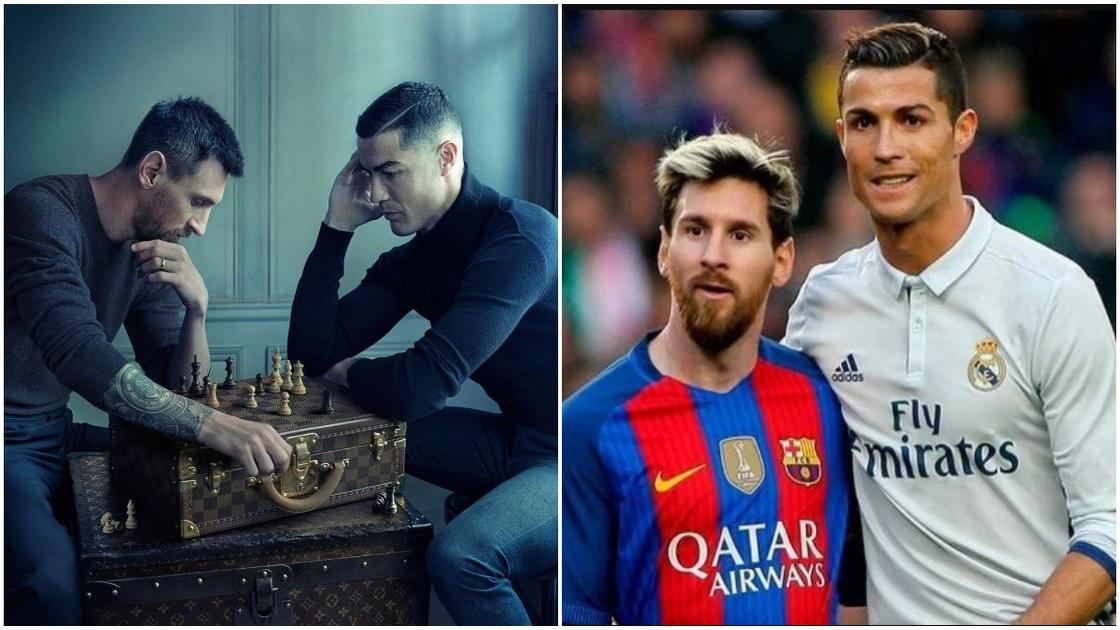 Lionel Messi and Cristiano Ronaldo Pose Over a Chessboard in Paid