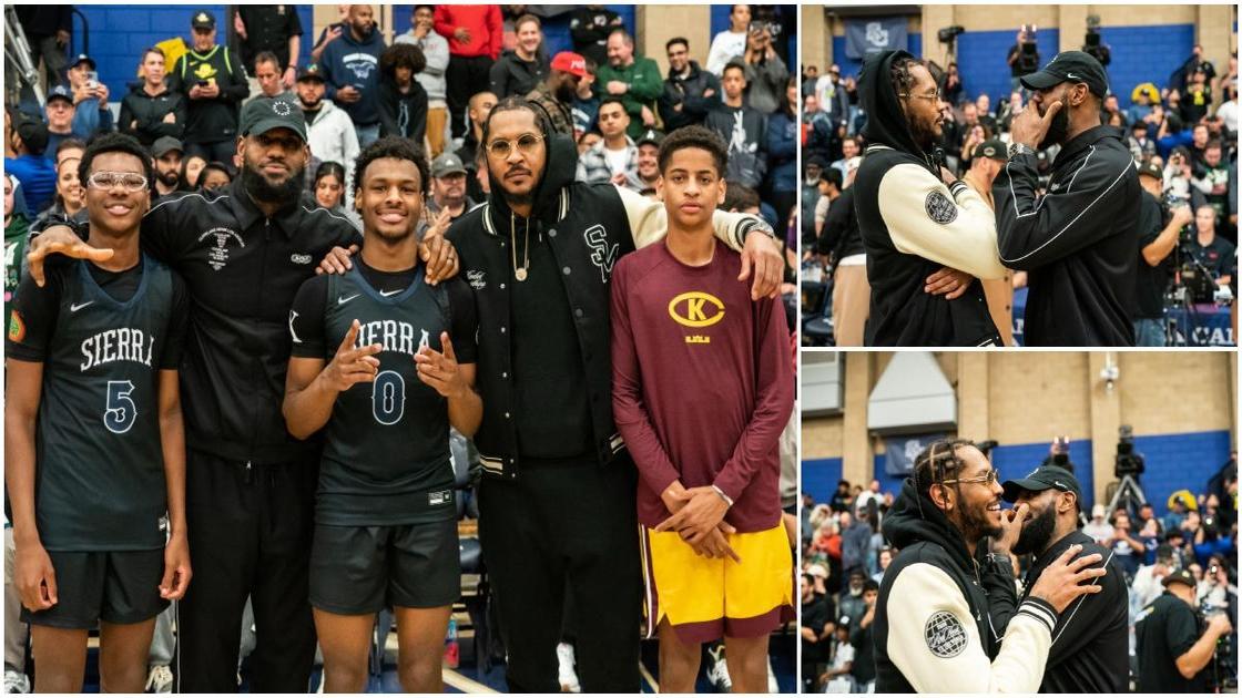 LeBron James, Carmelo Anthony watch their sons play a high school game