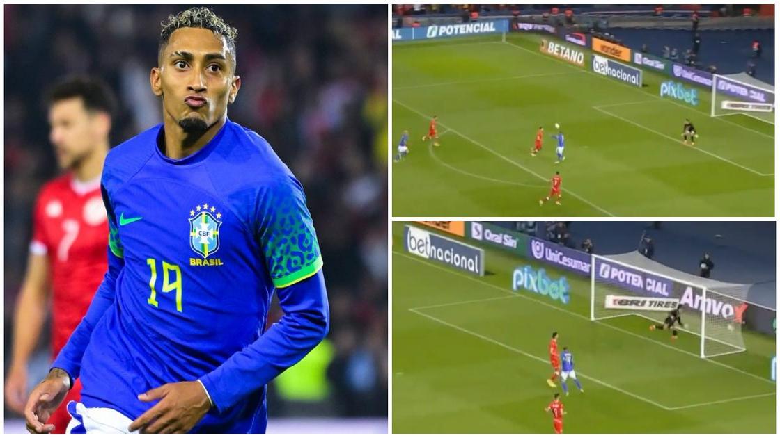 Video emerges as Brazil winger Raphinha chips Tunisian goalkeeper with a brilliant header