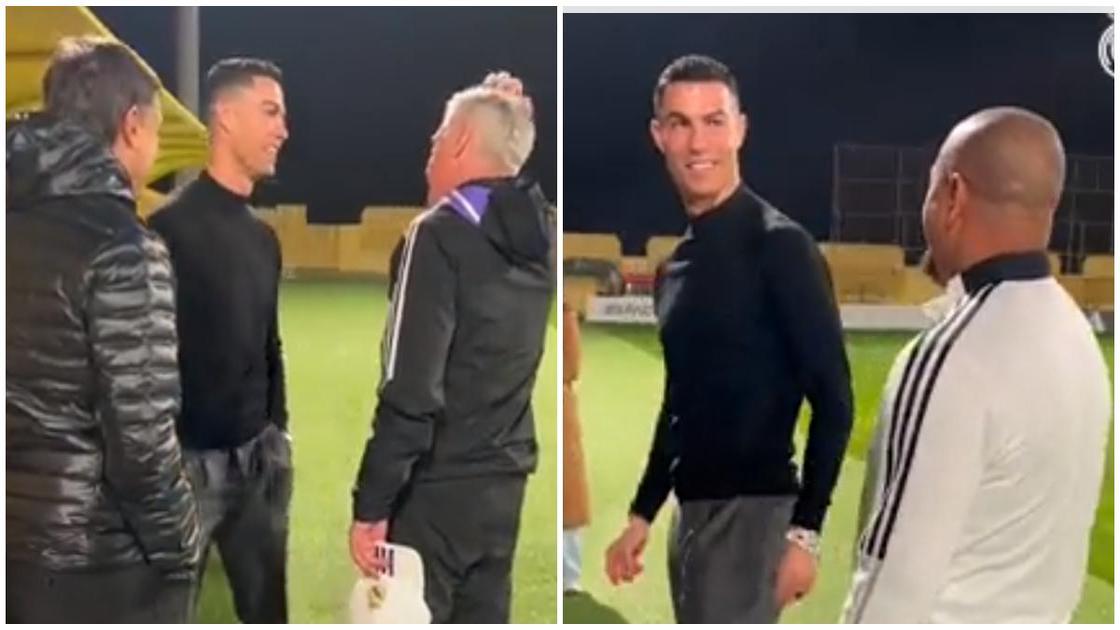 Ronaldo shares joke with Ancelotti, Carlos as he visits Real Madrid's training in Saudi Arabia, video