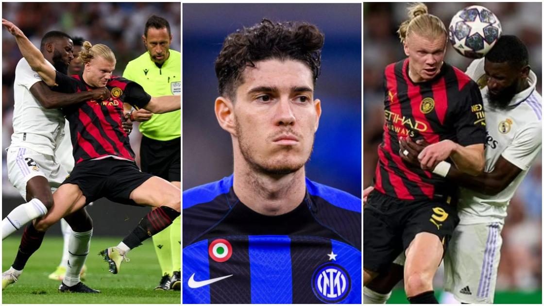 Inter Milan's Alessandro Bastoni, left, heads the ball past Manchester  City's Erling Haaland during the Champions League final soccer match  between Manchester City and Inter Milan at the Ataturk Olympic Stadium in