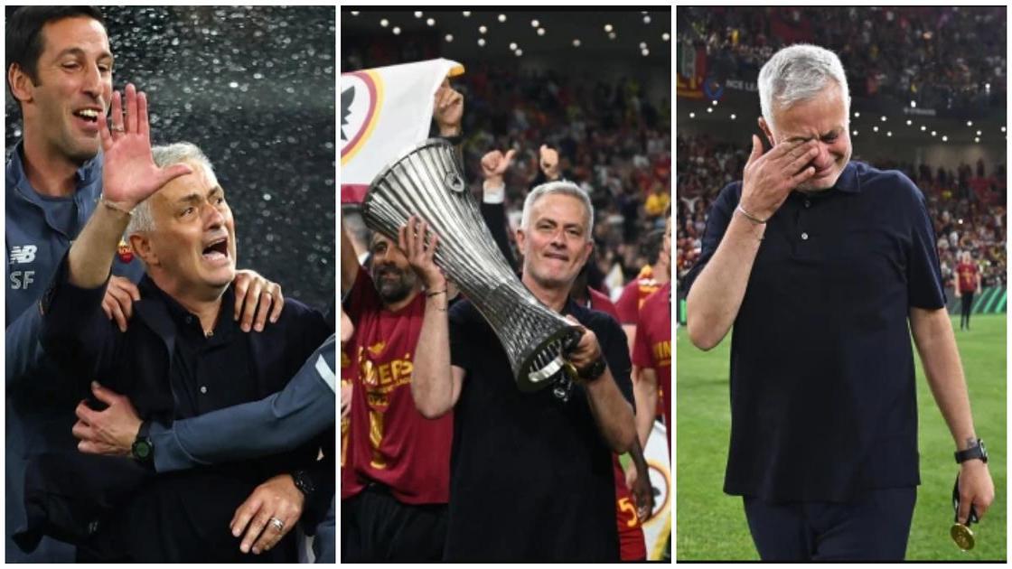 Tearful Jose Mourinho reacts after winning Europa Conference League with AS Roma