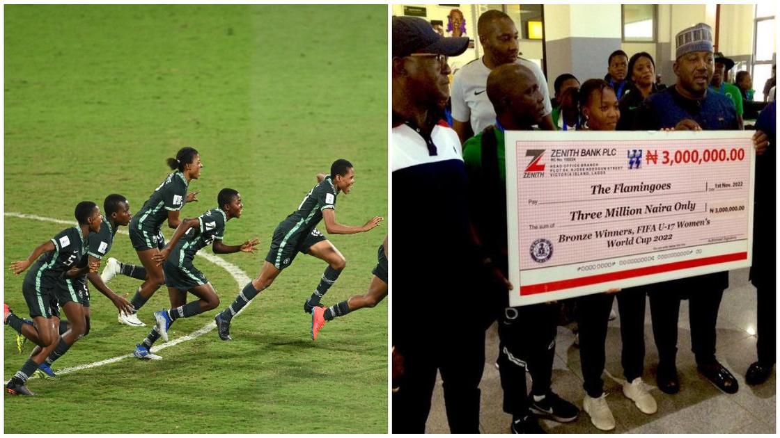 Flamingos get N3M cheque at the airport on return from India after U-17 World Cup
