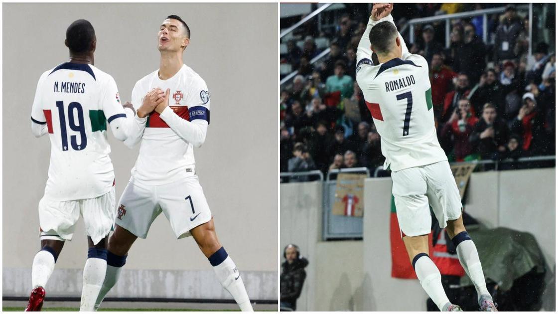 Cristiano Ronaldo tries out a new celebration after scoring for Portugal