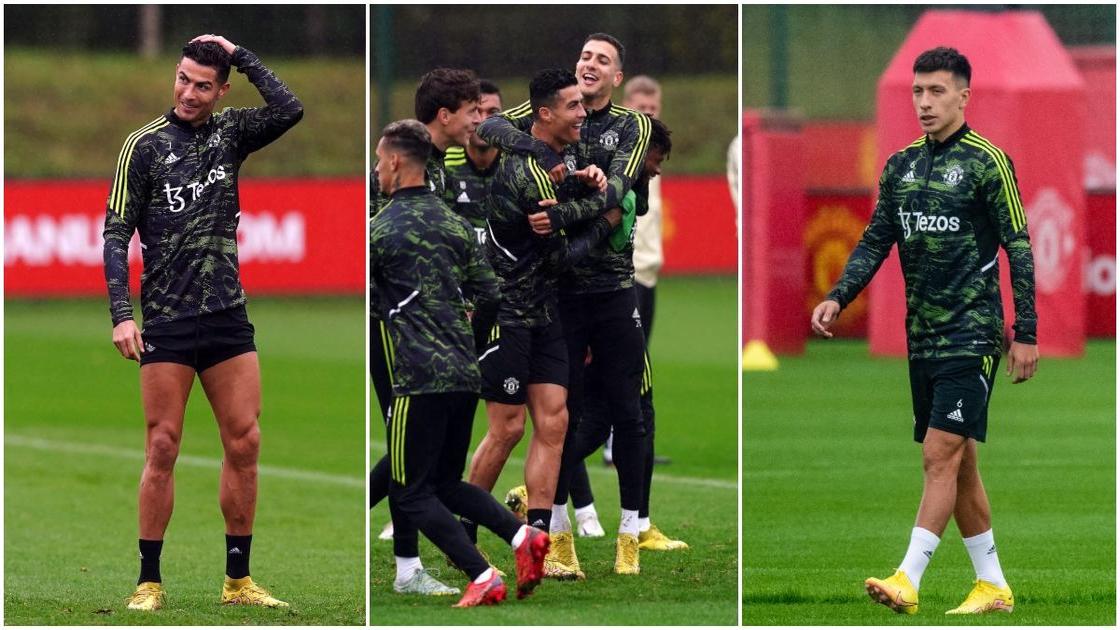 Cristiano Ronaldo reacts hilariously after nutmegging Lisandro Martinez during Manchester United training