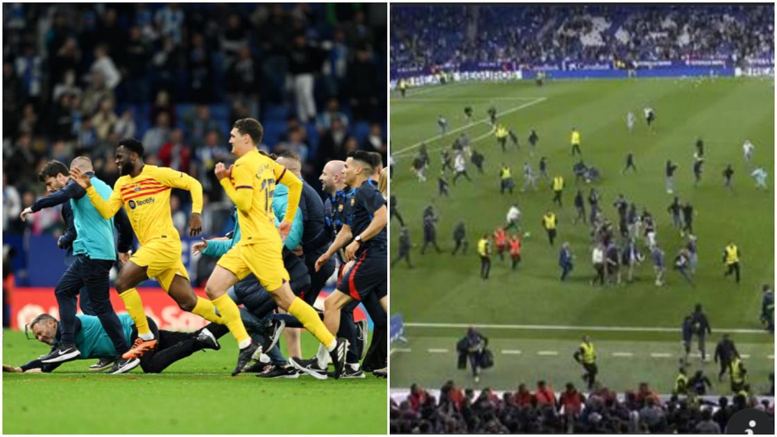 Furious Espanyol fans chase Barcelona players from the pitch after title celebrations