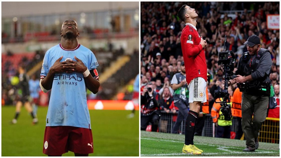 Manchester City's rising star does the Cristiano Ronaldo celebration after hat trick vs Man United