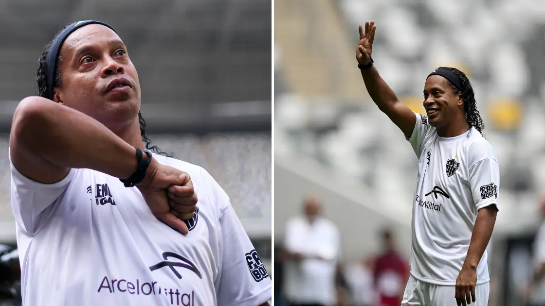 Brazilian Ronaldinho Gaucho jumps over his teammates to celebrate