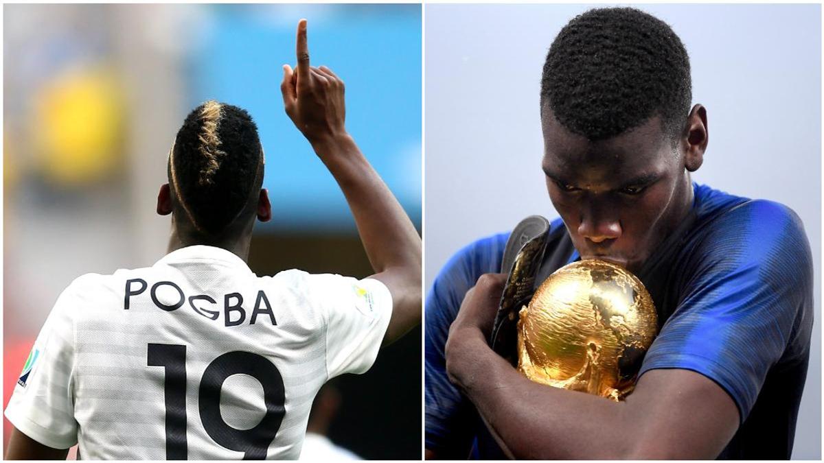 Paul Pogba looks relaxed as he arrives for France duty wearing famous red,  white and Les Bleus as team-mates pose next to giant World Cup