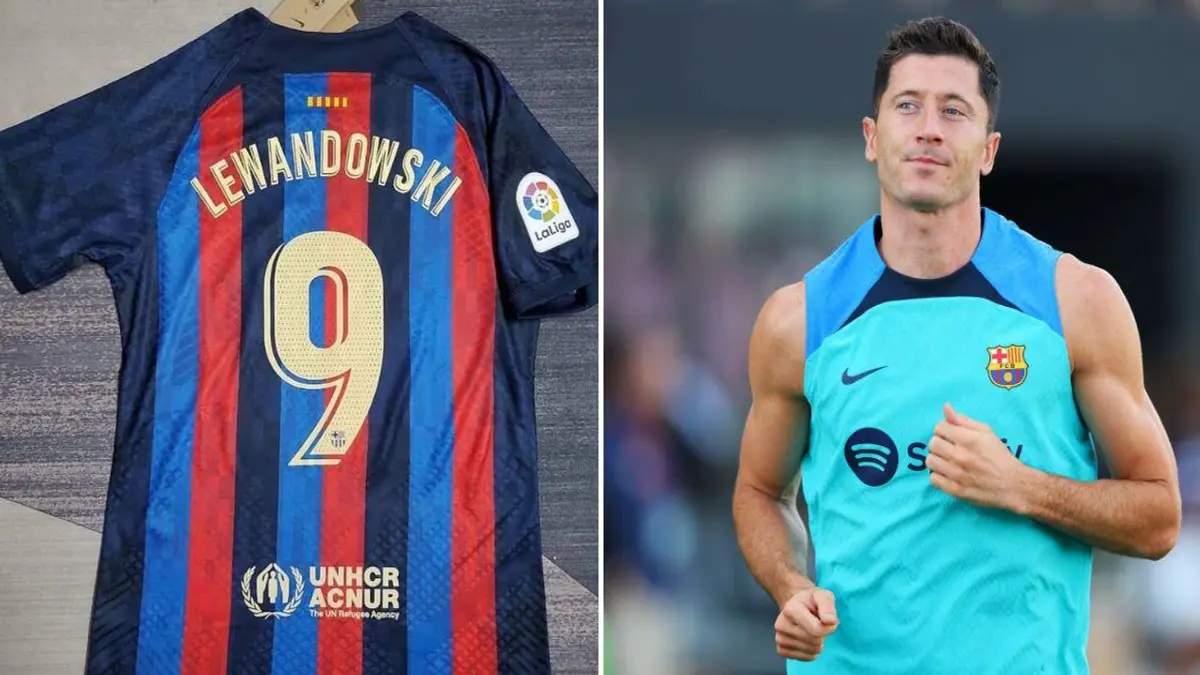 Robert Lewandowski is pictured in a Barcelona shirt for the first