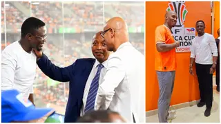 AFCON 2023: Sports CS Ababu Namwamba Engages CAF President Patrice Motsepe, Meets Didier Drogba