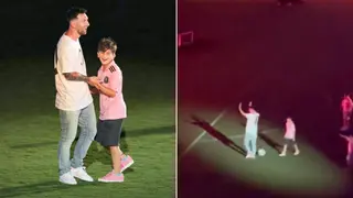 Thiago Messi nutmegs dad Lionel Messi during his Inter Miami unveiling: Video