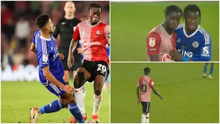 Fatawu Issahaku Consoles Kamaldeen Sulemana after Red Card in Southampton Versus Leicester Clash