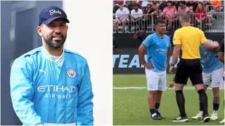 Sergio Aguero confronts opponent for dangerous tackle during high-stake 7v7 tournament