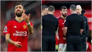 Bruno Fernandes in heated exchange with referee after Man United's defeat to Fulham