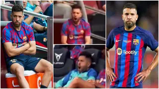 Footage shows out-of-favour Barcelona defender Jordi Alba yawning and 'sleeping' on the substitutes' bench
