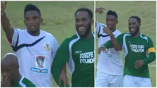 Stunning moment Samuel Eto'o called on opposition bench to sub off Okocha during testimonial match