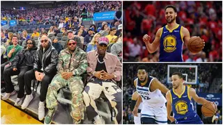 Olamide, Asake and Fireboy visit Chase Center to watch Warriors vs Timberwolves NBA game