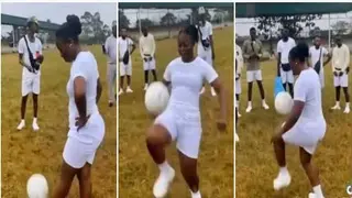 Echoes of 'haa', 'unbelievable' heard as female youth corper shows off amazing ball juggling skills infront of men, video