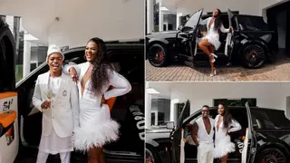 Shauwn Mkhize Looks Stunning in All White, Poses in Front of R10 Million Rolls-Royce Cullinan