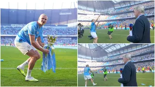 Haaland leaves on-pitch interview to dance with Man City fans after EPL title win