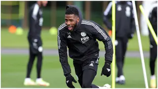 Super Eagles forward Kelechi Iheanacho reacts after scoring stunning goal in Leicester City training