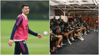 Martinelli spotted poking teammate's backside during Declan Rice unveiling