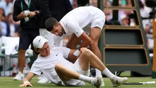 Novak Djokovic and Jannik Sinner practice on Centre Court ahead of 2023 Wimbledon: Video