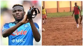 Osimhen Left Fans Gushing As He Fires a Powerful Freekick Inside the Net in Lagos, Video Goes Viral