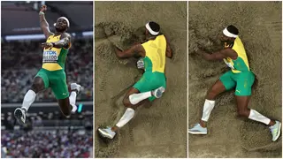 Drama as long jumper Carey McLeod slips, lands on his face in Budapest, video