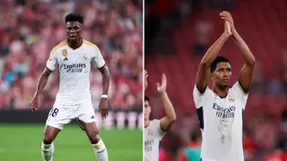Real Madrid’s midfielder Tchouameni taunts Jude Bellingham wth FIFA World Cup images
