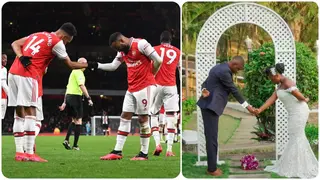 Lovely Moment Couple Dedicate Wedding to Arsenal Stars Aubameyang and Lacazatte, Remake Famous Celebration