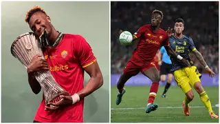 English-born Nigerian forward reacts after leading AS Roma to European glory