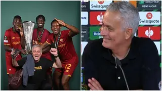 Jose Mourinho ambushed by celebrating Roma players during press conference in delightful moment