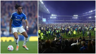 Super Eagles star Alex Iwobi reacts following Everton’s sensational comeback win to survive relegation